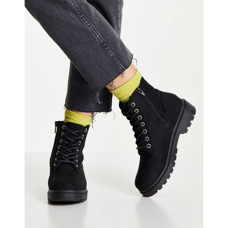 New Look suedette zip detail lace up flat boots in black