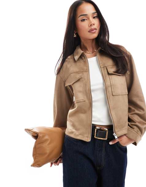 New Look suedette zip through jacket in tan - view 1