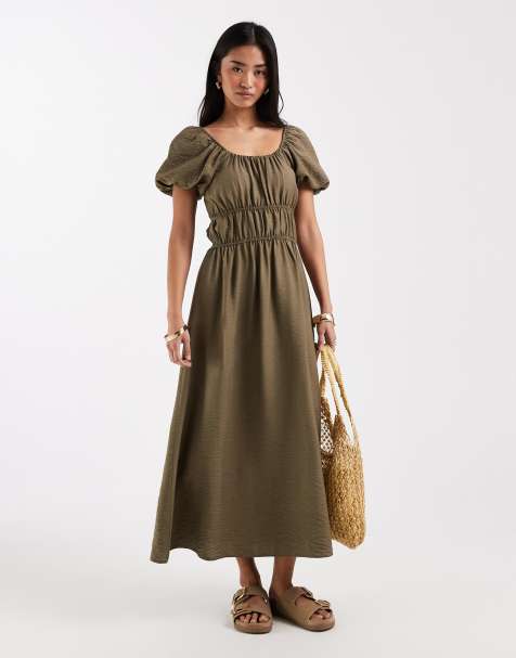 New Look – Sukienka midi typu milkmaid w kolorze khaki - view 1