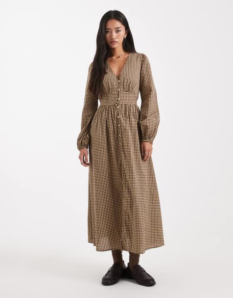 New Look check tea midi dress in yellow pattern