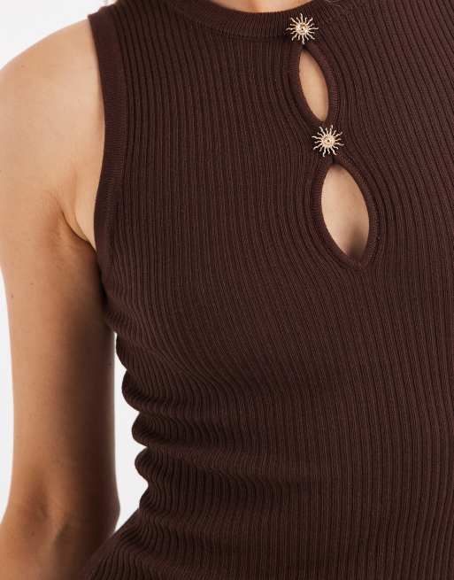 New Look sun hardware keyhole detail knitted midi dress in brown, 4 of 4