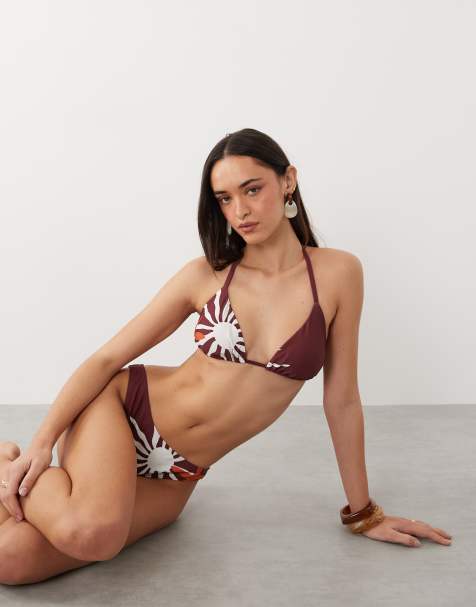 New Look sun print hipster bikini top & bottoms in brown pattern - view 1