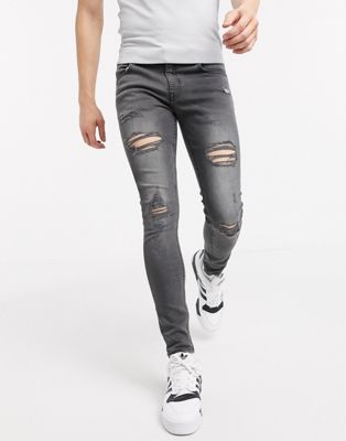 New Look – Superenge Jeans mit Zierrissen in Grau