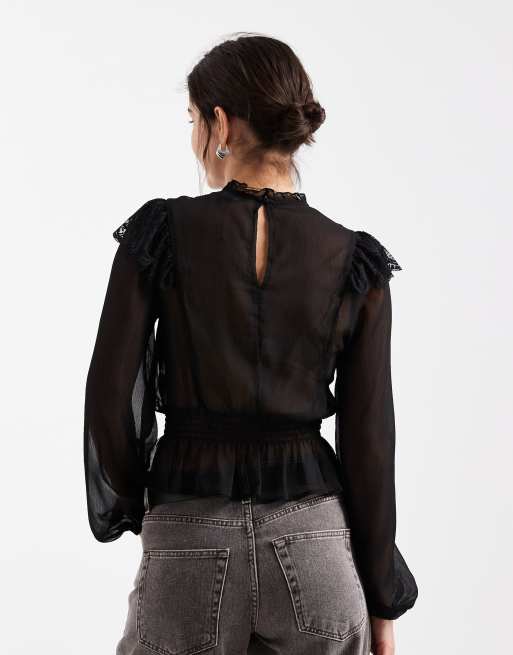 New Look – Svart blus i chiffong och spets, 4 av 4
