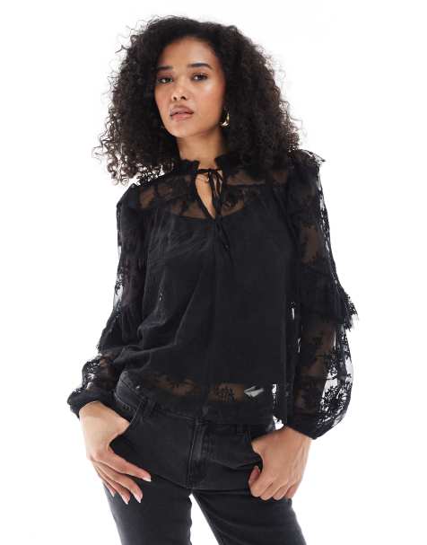 New Look – Svart blus med broderad spets - view 1