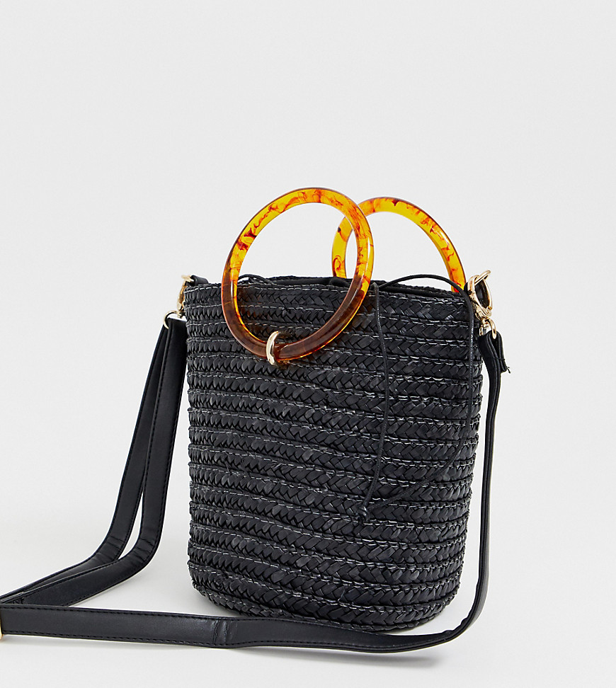 New Look – Svart bucketväska med harts-och stråhandtag