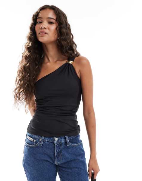 New Look – Svart, enaxlad topp med drapering - view 1