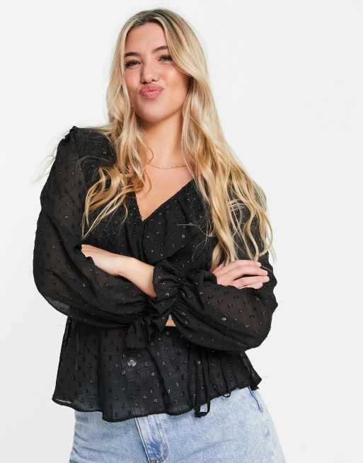 New Look – Svart, glittrig blus i omlottdesign