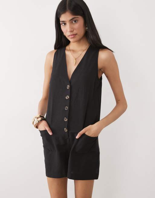 New Look – Svart playsuit i linne med v-ringning och knäppning, 2 av 4