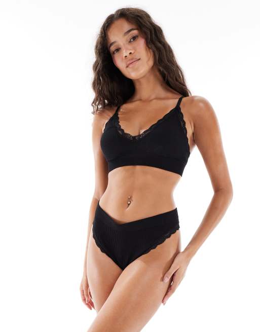 New Look – Svart, ribbad bralette i seamless design med spetskant, 2 av 4