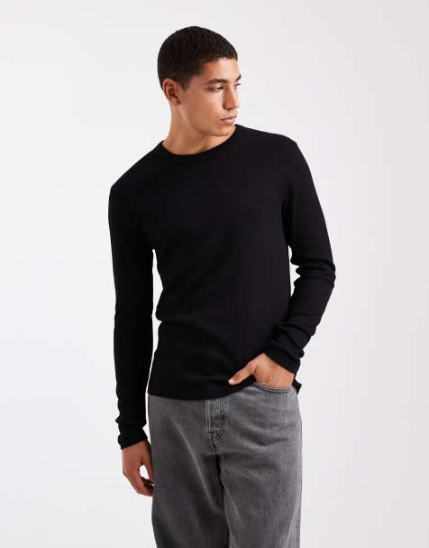 New Look – Svart, ribbad t-shirt i muscle fit med långa ärmar - view 1