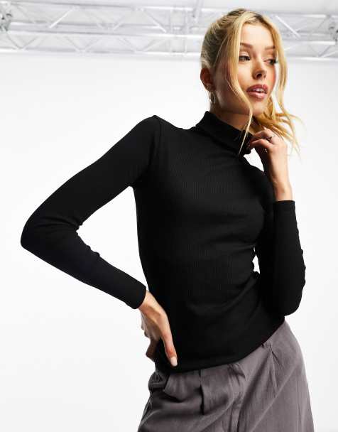 New Look – Svart ribbad topp med polokrage - view 1