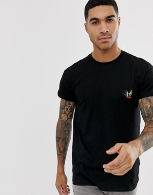 New Look – Svart t-shirt i oversize-modell med broderad svala