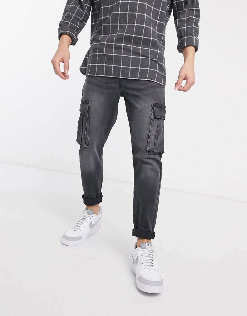New Look – Svarta avsmalnande jeans med cargofickor