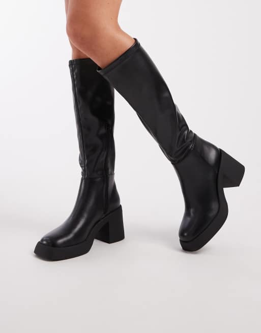 New Look – Svarta, knähöga boots i läderimitation med grova klackar, 4 av 4