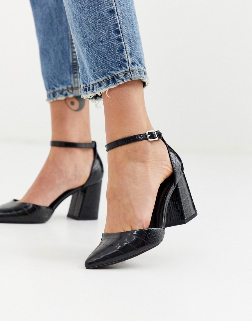 New Look – Svarta krokodilmönstrade skor med blockklack och spetsig tå