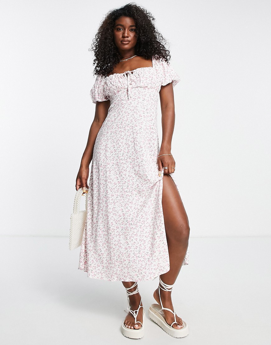 New Look Sweetheart Midi Dress With Puff Sleeves In Pink Ditsy Floral