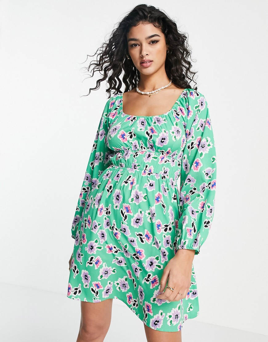 New Look Ruched Front Mini Dress In Green Floral