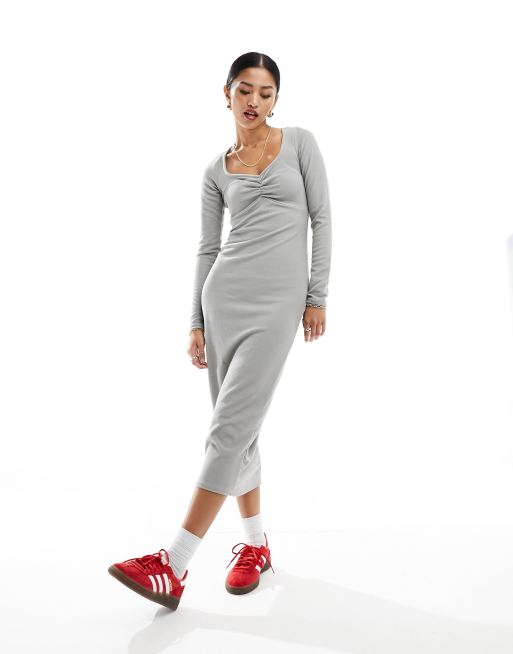 New Look sweetheart ribbed midi dress in grey