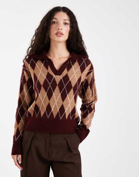 New Look – Sweter we wzór w czerwone romby z kołnierzykiem polo - view 1