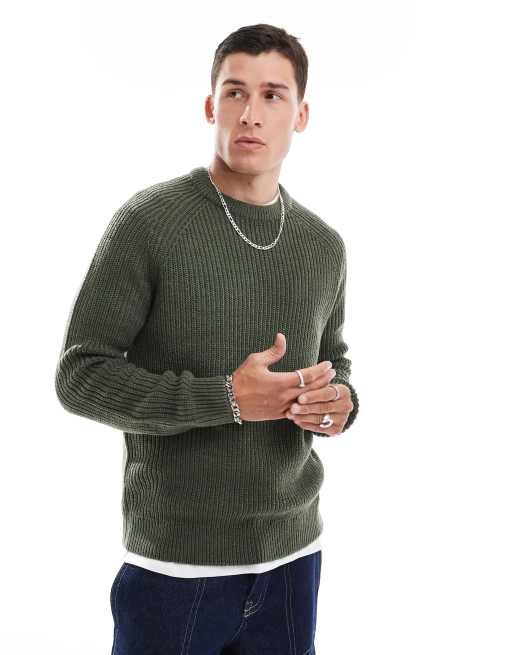 New Look – Sweter z okrągłym dekoltem o splocie angielskim w ciemnym kolorze khaki