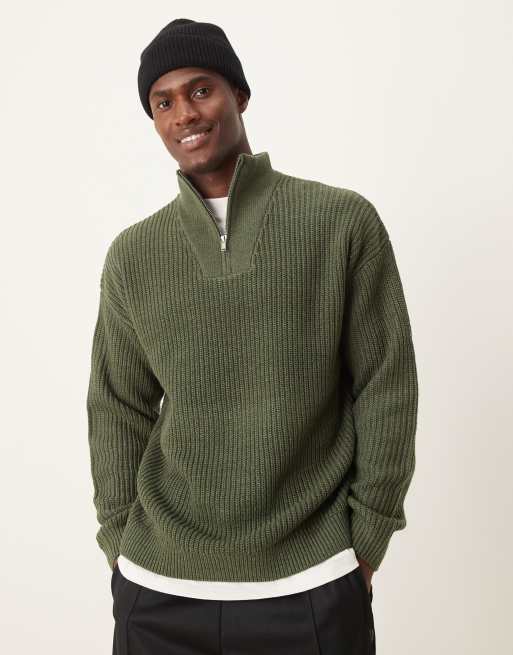 New Look – Sweter z zamkiem pod szyją z dzianiny o splocie angielskim w kolorze khaki