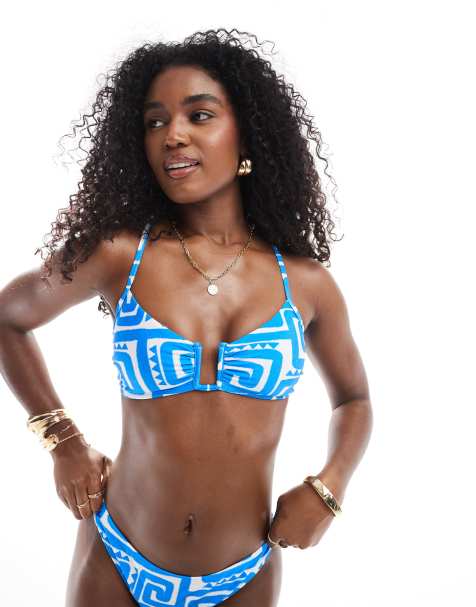 New Look swirl scoop bikini top in blue - view 1