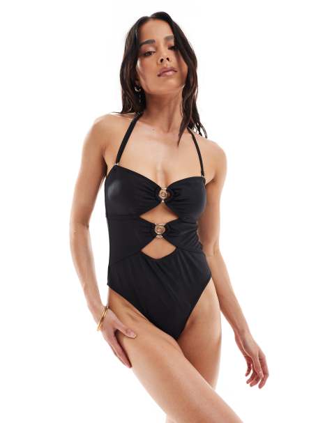 New Look swirl trim cut out swimsuit in black - view 1