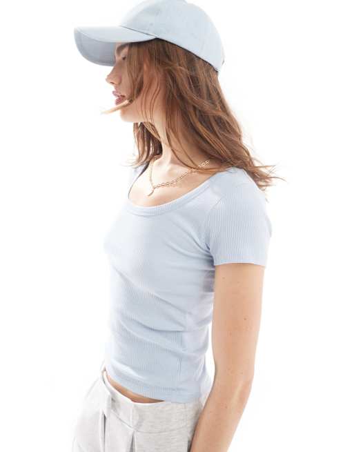 New Look - T-shirt à encolure dégagée - Bleu clair