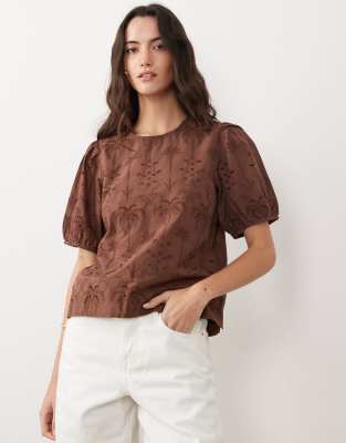 T-shirt à manches bouffantes avec motif palmier ajouré - Marron 34