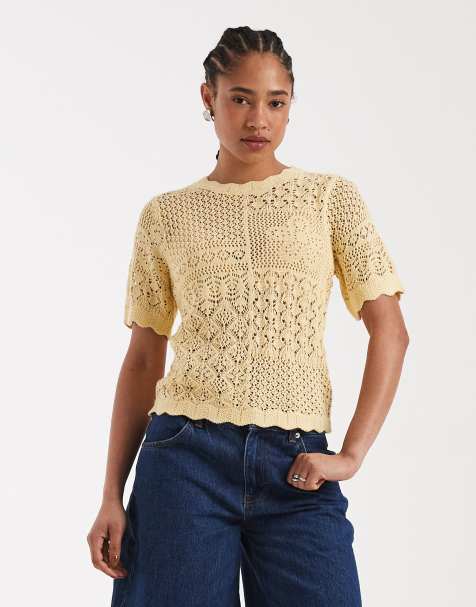 New Look – T-Shirt aus Lochstrick in Gelb - view 1