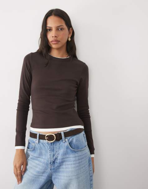New Look t-shirt baby à manches longues à bordure double épaisseur marron foncé - view 1