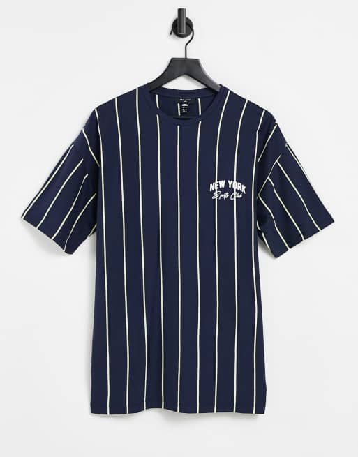 New Look - T-shirt blu a righe verticali con ricamo 
