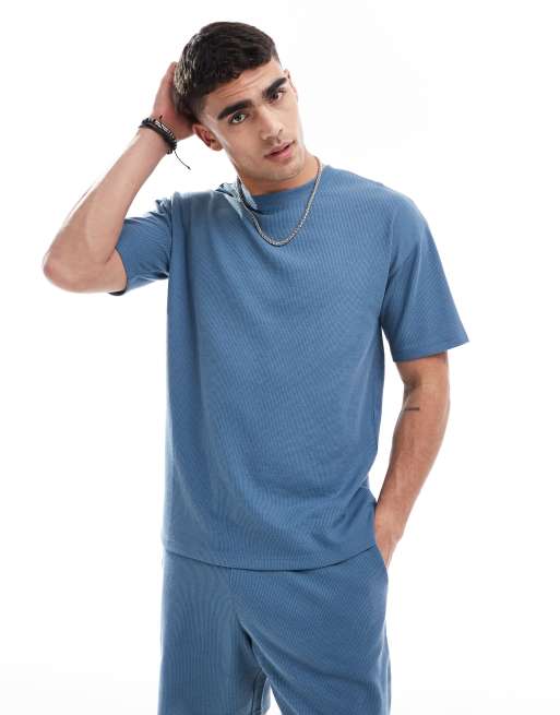 New Look - T-shirt blu oversize lavorata a nido d'ape in coordinato