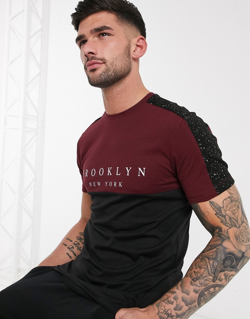 New Look - T-shirt color block con scritta Brooklyn bordeaux-Rosso