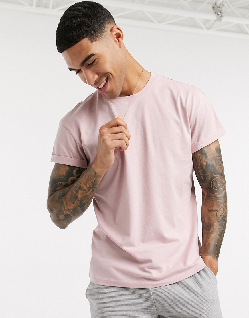 New Look - T-shirt con maniche con risvolto rosa medio