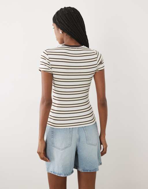 New Look - T-shirt effet rétréci à rayures - Marron et jaune, 4 de 4