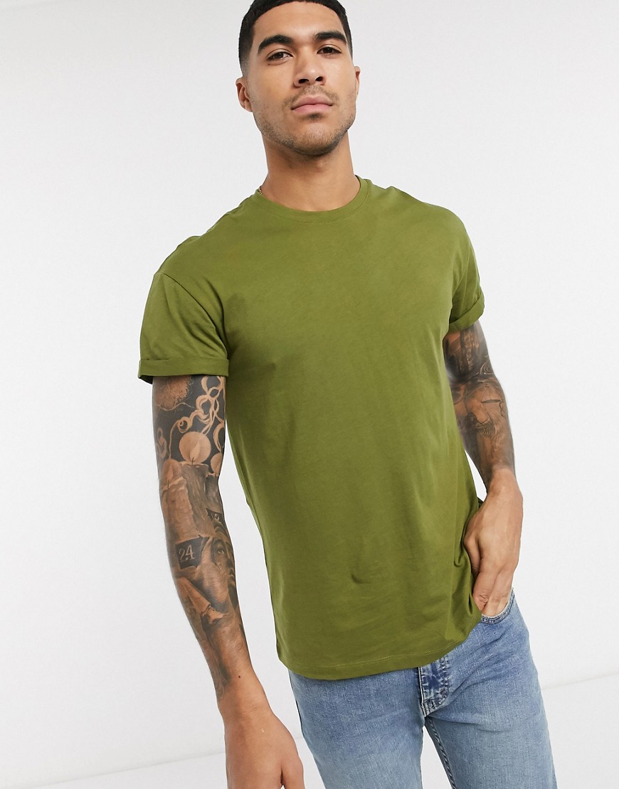 New Look - T-shirt kaki con maniche con risvolto-Verde