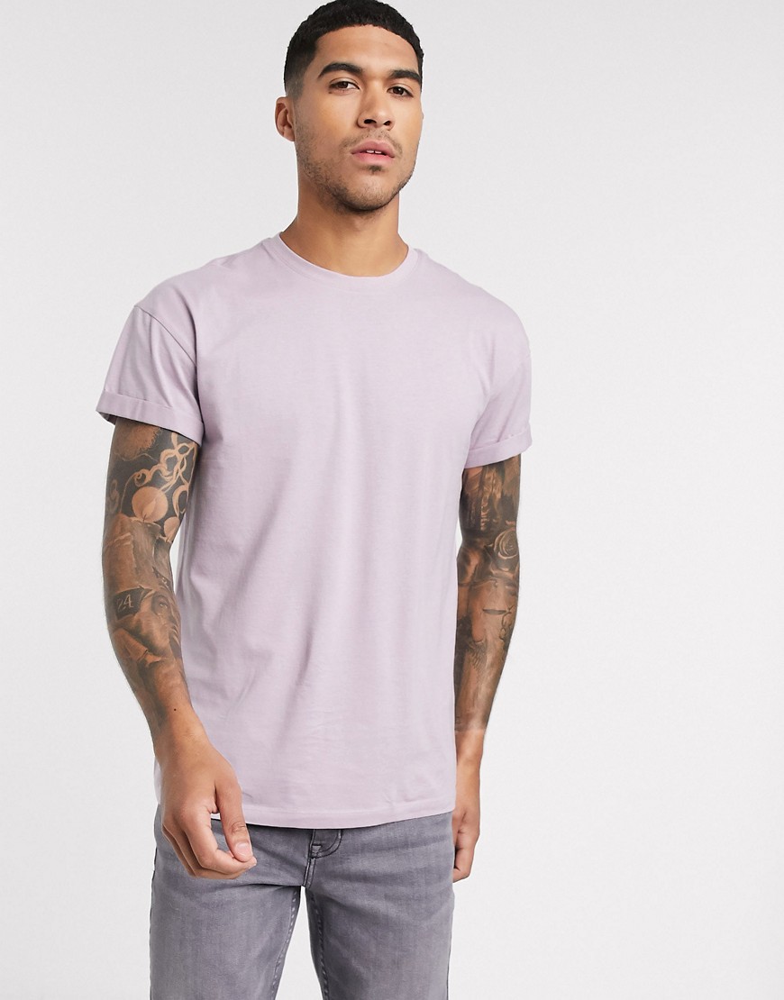 New Look - T-shirt lilla con maniche con risvolto-Viola