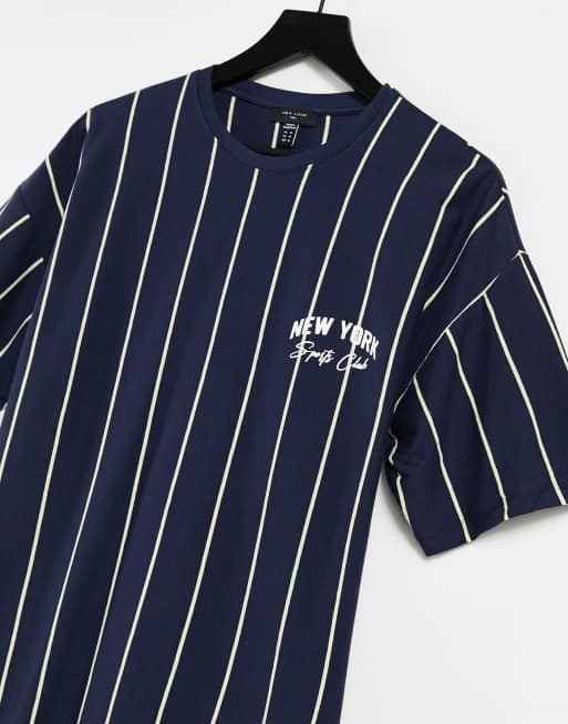 New Look - T-shirt med lodrette striber og NY-broderi i blå, 3 af 4