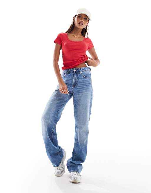 New Look - T-shirt met lage ronde hals in rood