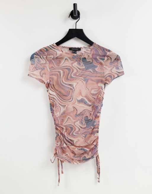 New Look - T-shirt met ruches aan de zijkant in marmerbruin