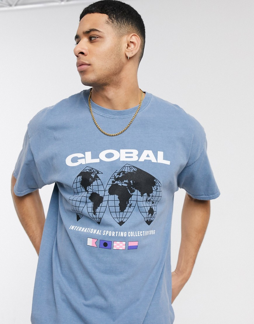 New Look - T-shirt oversize blu medio  con stampa Global