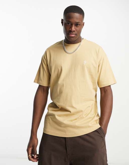 New Look - T-shirt oversize color pietra con ricamo di rosa