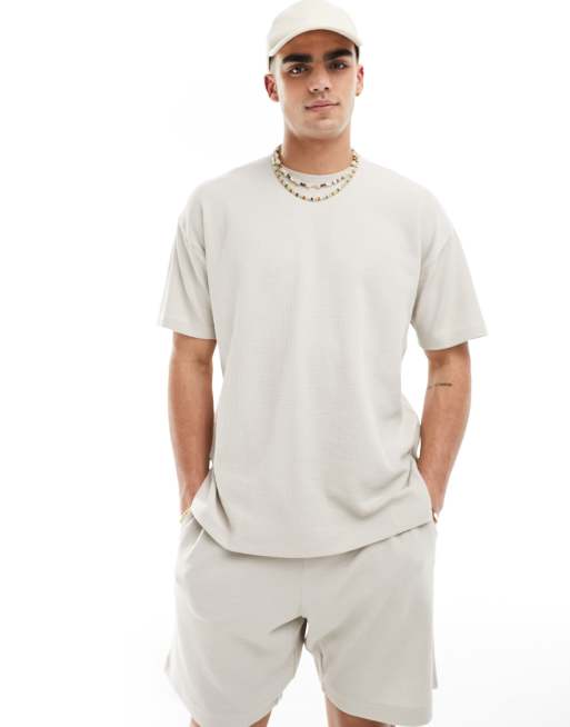 New Look - T-shirt oversize color pietra lavorata a nido d'ape in coordinato
