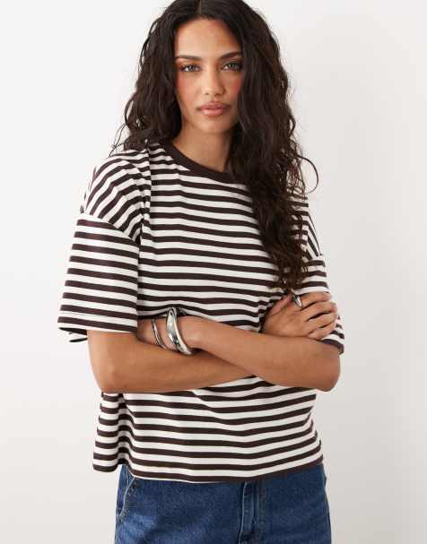 New Look - T-shirt oversize squadrata a righe marroni - view 1