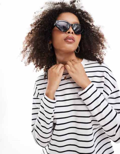 New Look - T-shirt squadrata a maniche lunghe nera a righe - view 1