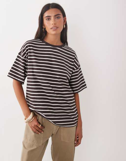 New Look t-shirt squadrata a righe marroni, 3 di 4