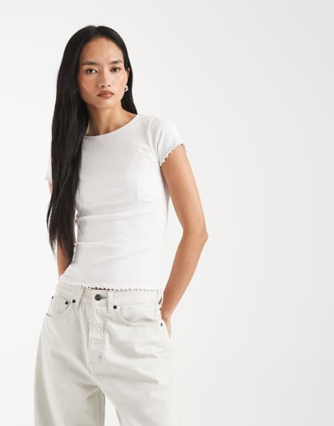 New Look - T-shirt surfilé à bords ondulés - Blanc - view 1