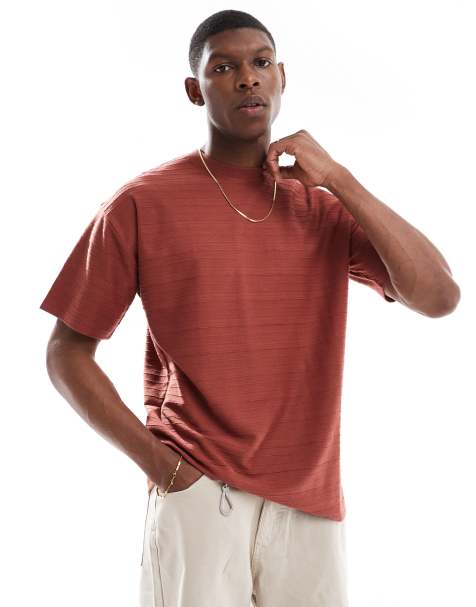 New Look - T-shirt texturé à rayures ton sur ton - Rouille - view 1